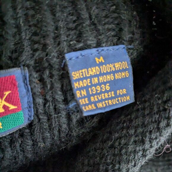 Vintage Floral Sweater M Black Wool 90s Roll Collar Cable 3D Knit Whimsigoth - Picture 10 of 11